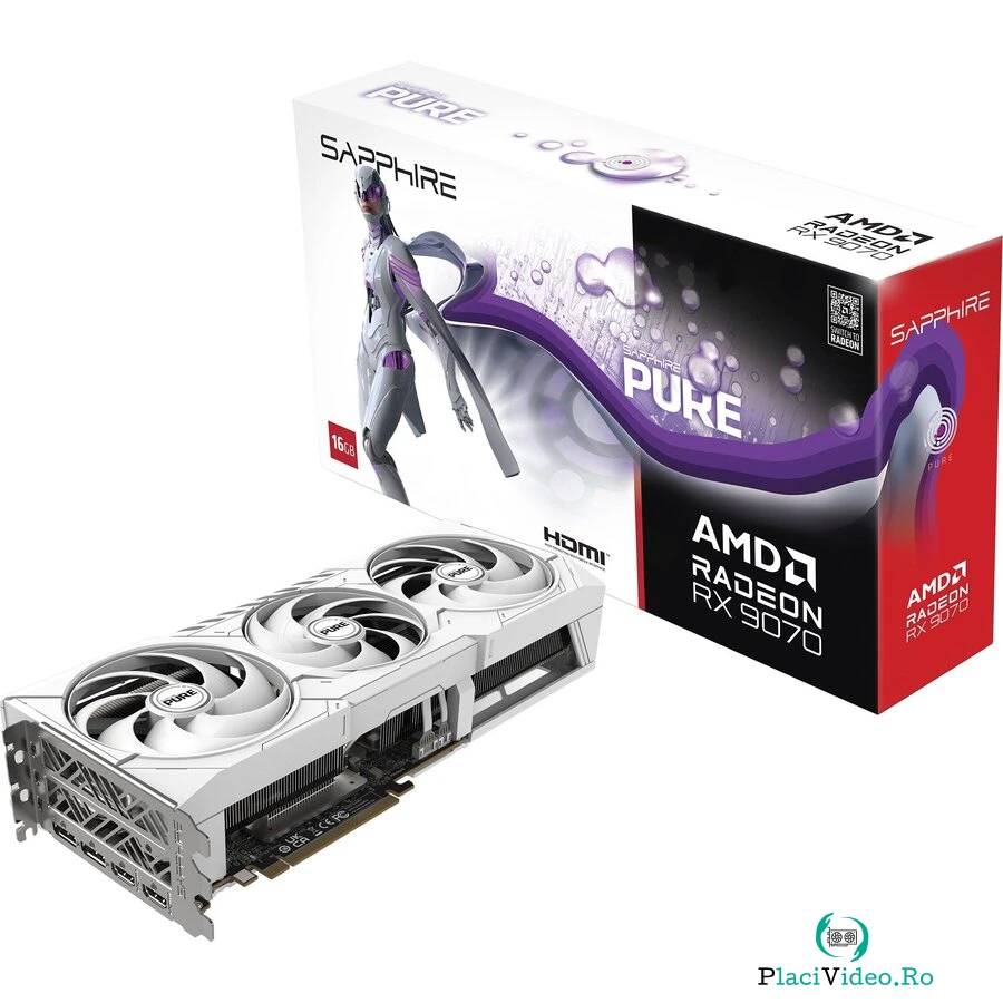 Placa video Radeon RX 9070 Pure OC, graphics card white, RDNA4, GDDR6, 2x DisplayPort, 2x HDMI